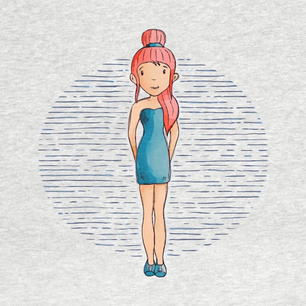 Cute girl with long red hair wearing a teal outfit and shoes. by Sissely